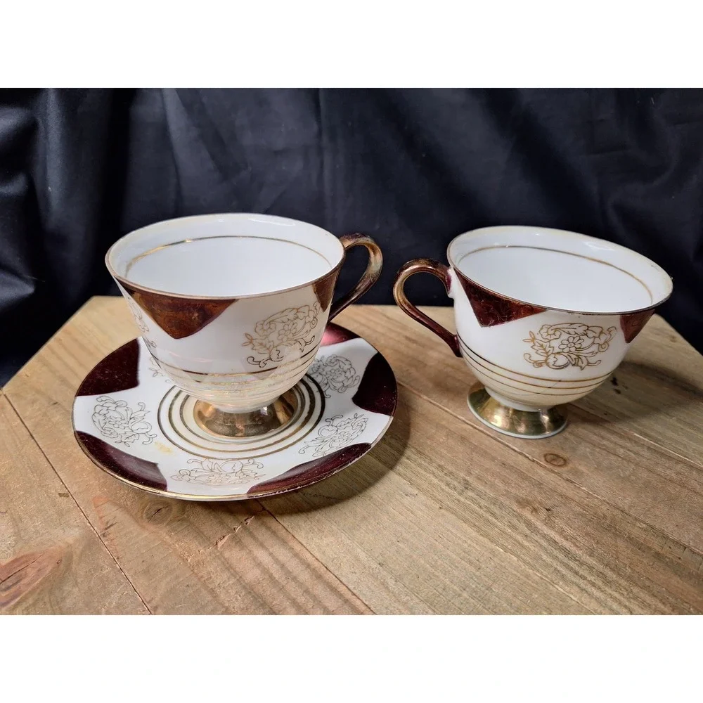 Vintage 1940's Made in Japan Lusterware Teacup and Saucer Maroon Gold Iridescent